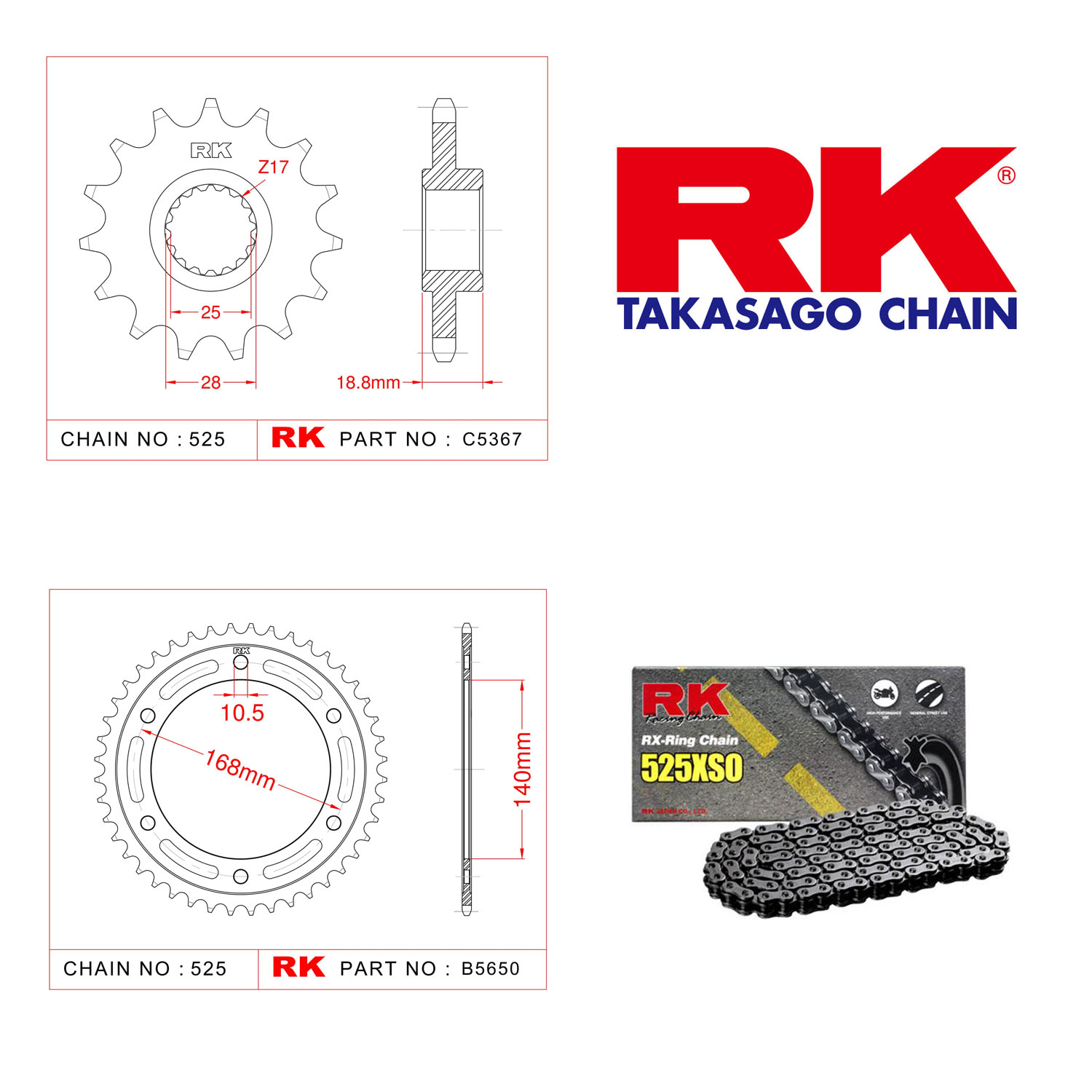 Rk X-ring Zincir Dişli Set 525 XSO 17/42 T 